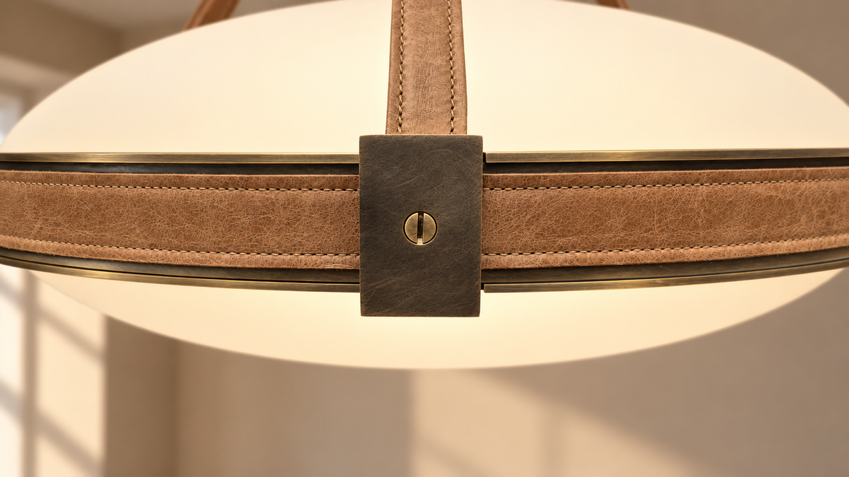 Close-up of the Solin pendant's stitched wrap and metal fastening while illuminated